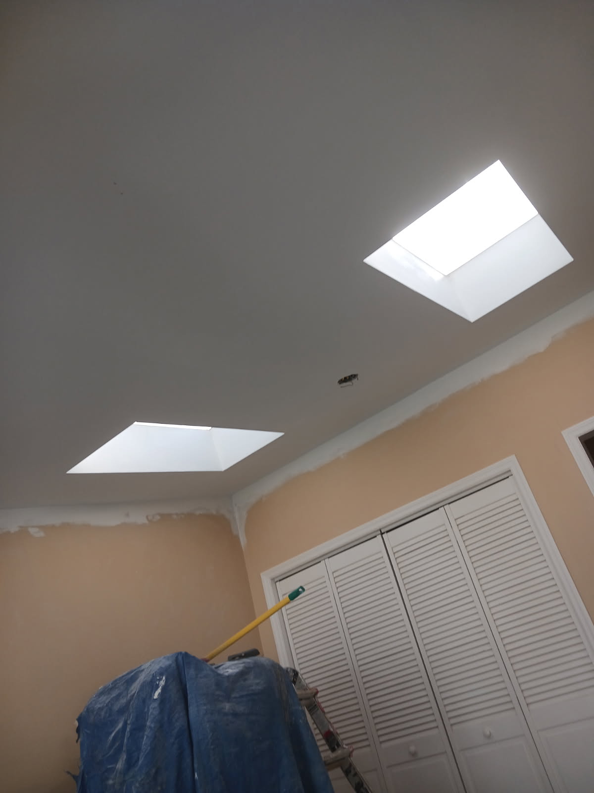 Room being painted with a white ceiling, peach walls cut in with white, two skylights above and a drop cloth over the floor
