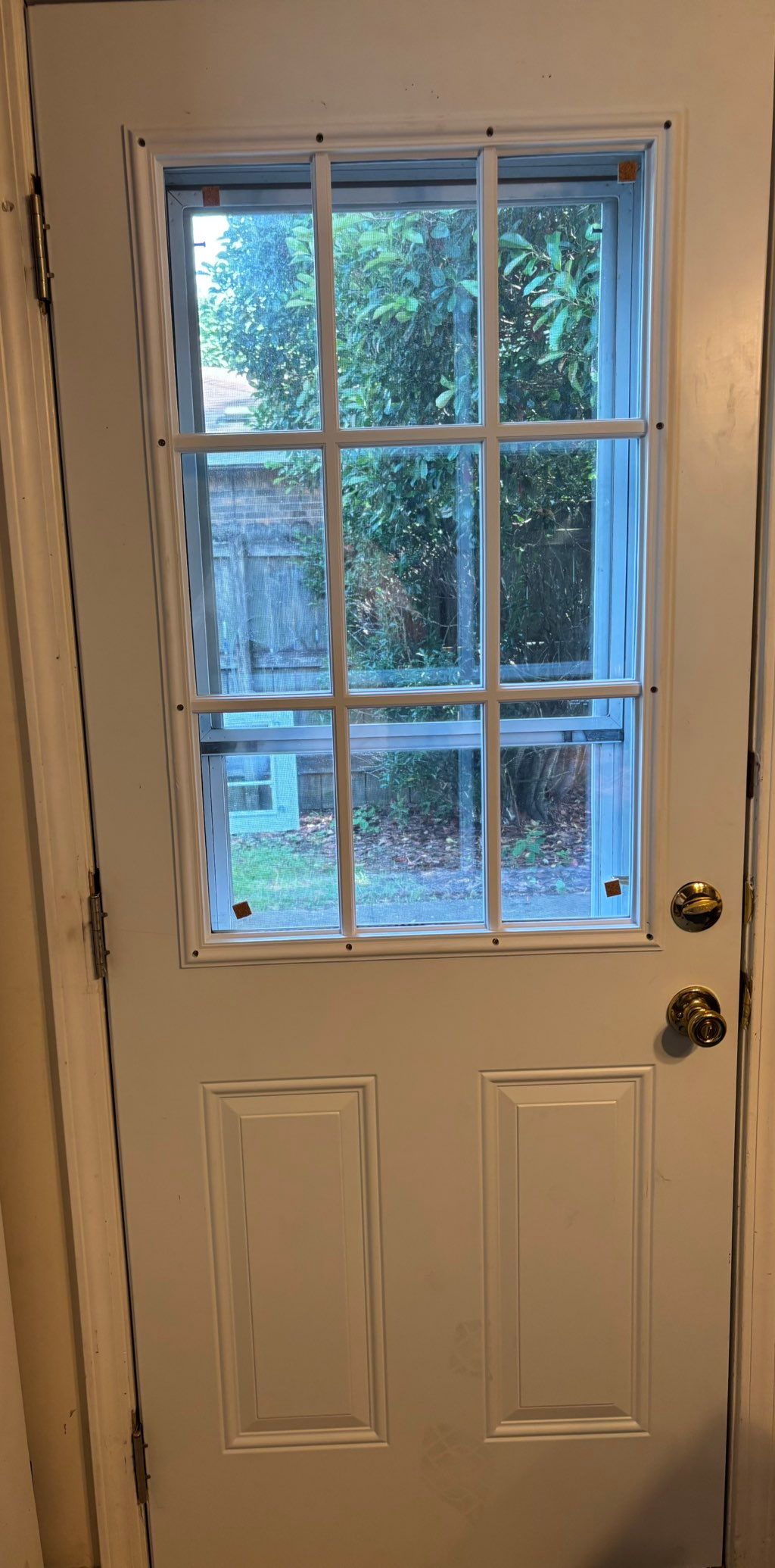 Newly hung white nine-pane exterior door with a brass knob and deadbolt in a white frame